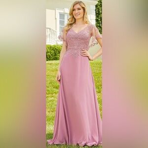 MGNY Floral Lace Embellished Beaded Flutter Sleeve Dress - Rose